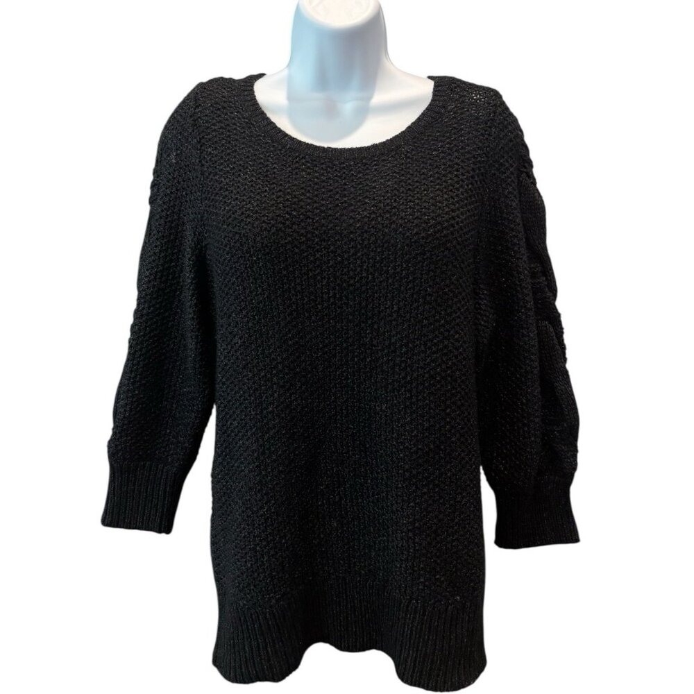 Ann Taylor Wool Blend Sweater M Black Cable Sleeve Knit Classic Cozy‎